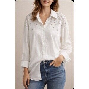 OnTwelth White Rhinestone Button Down Shirt Women’s Size M Blouse